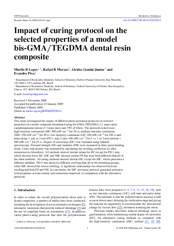 (PDF) Impact of curing protocol on the selected properties of a model bisGMA/TEGDMA dental