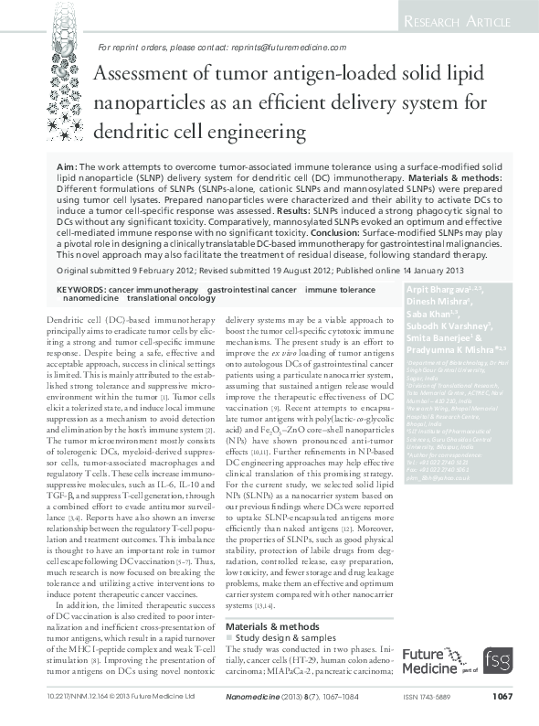 (PDF) Assessment of tumor antigen-loaded solid lipid nanoparticles as ...