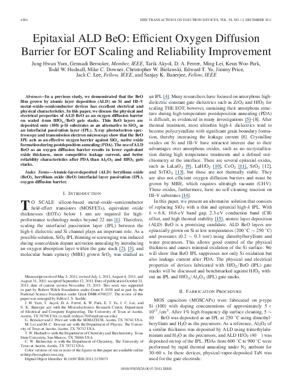 (PDF) Epitaxial ALD BeO Efficient Oxygen Diffusion Barrier for EOT