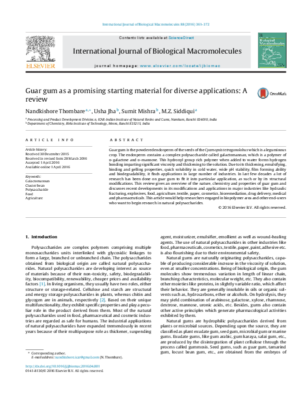 (PDF) Guar gum as a promising starting material for diverse applications A review Nandkishore