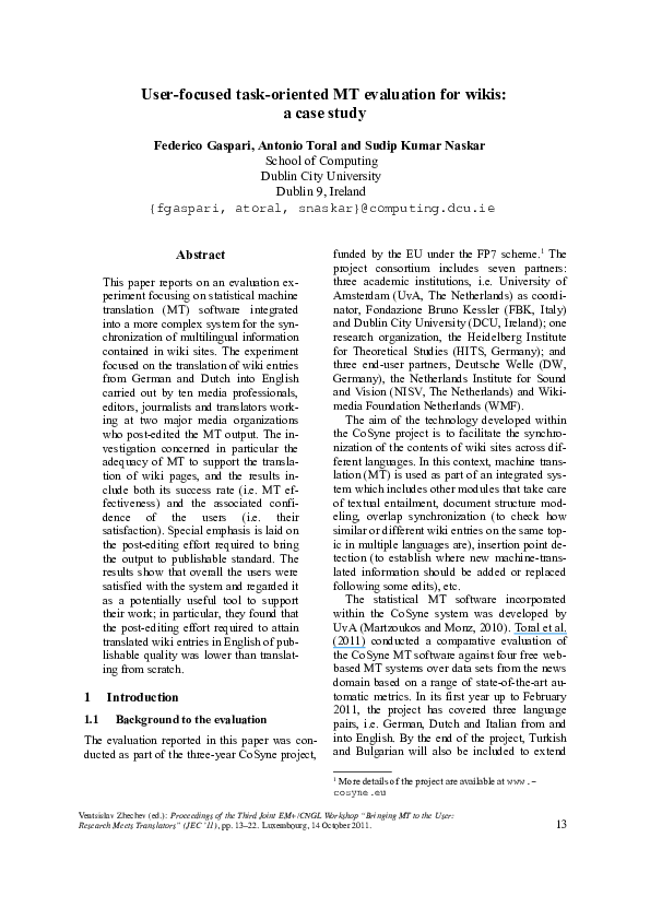 (PDF) User-focused task-oriented MT evaluation for wikis: a case study