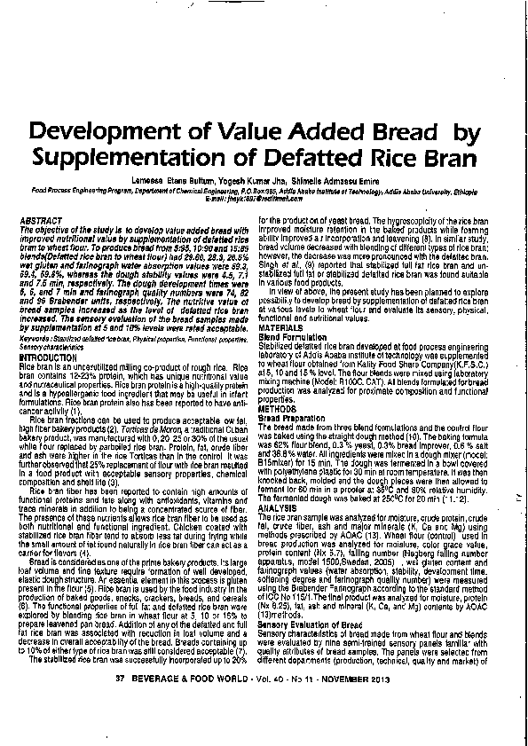 (PDF) Development of Value Added Bread by Supplementation of Rice Bran