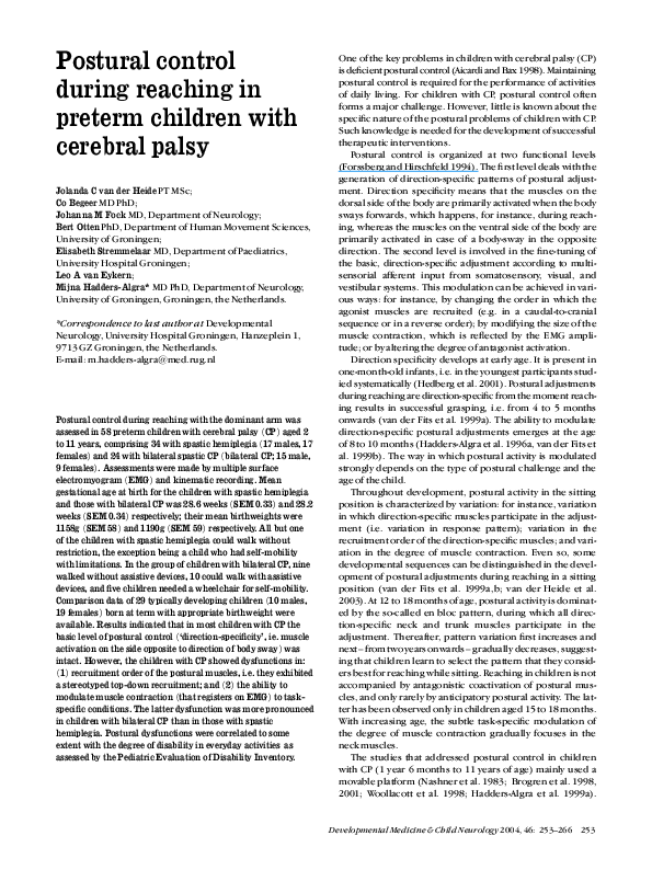 (PDF) Postural control during reaching in preterm children with ...