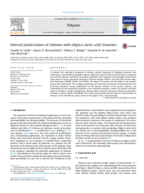 (PDF) Internal plasticization of chitosan with oligo(dl-lactic acid ...