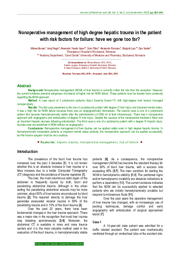 (PDF) Nonoperative management of high degree hepatic trauma in the ...