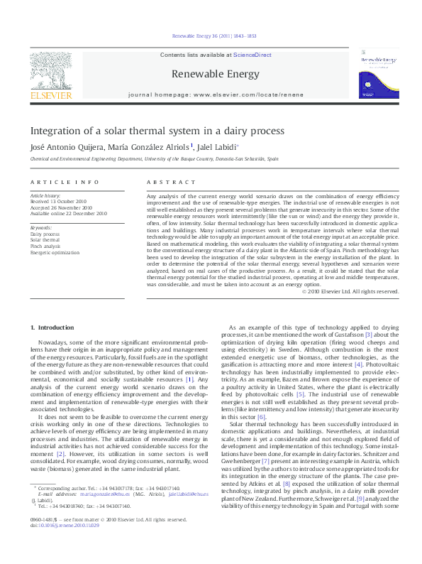 (PDF) Integration of a solar thermal system in a dairy process