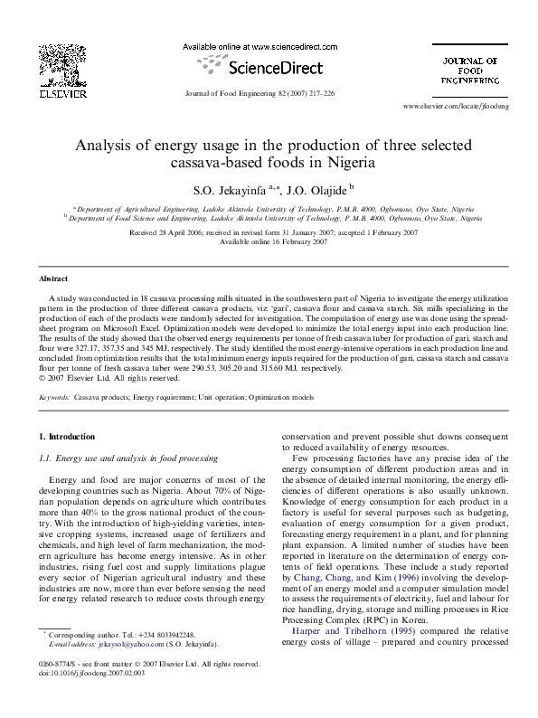 (PDF) Analysis of energy usage in the production of three selected ...