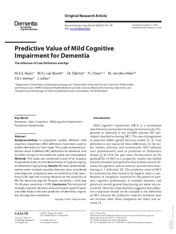 (PDF) Predictive value of mild cognitive impairment for dementia