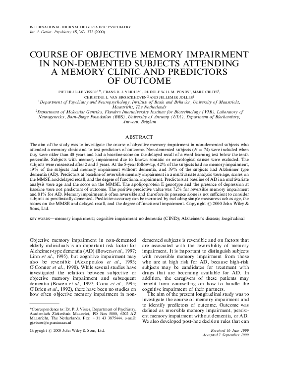 (PDF) Course of Objective Memory Impairment In Non-Demented Subjects ...