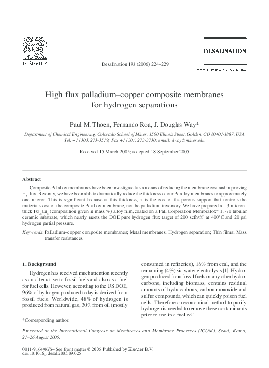 (PDF) High flux palladium–copper composite membranes for hydrogen ...