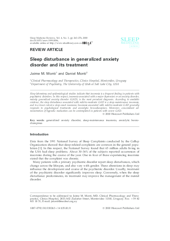 (PDF) Sleep disturbance in generalized anxiety disorder and its treatment