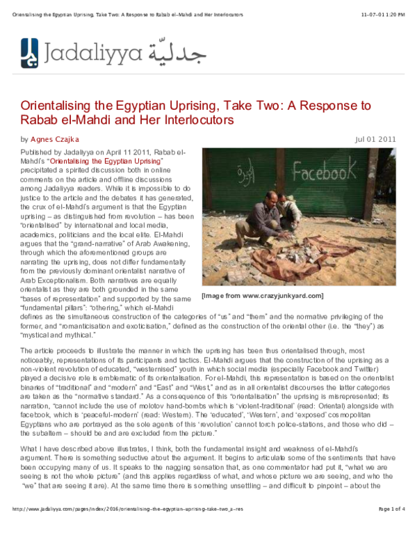 Orientalising the Egyptian Uprising, Take Two: A Response to Rabab el-Mahdi and Her Interlocutors