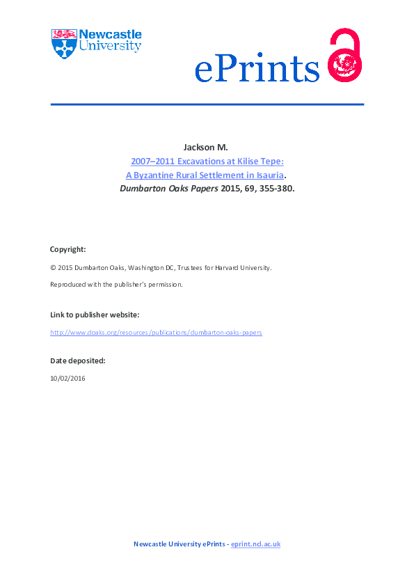 2007-2011 Excavations at Kilise Tepe: a Byzantine Rural Settlement in Isauria