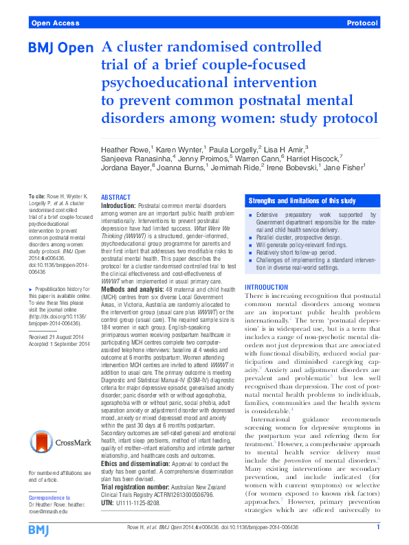 (PDF) A cluster randomised controlled trial of a brief couple-focused ...