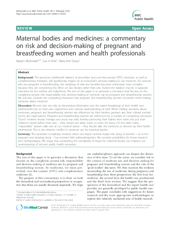 (PDF) Maternal bodies and medicines a commentary on risk and decision