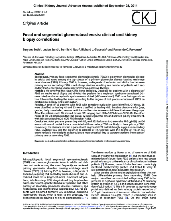 (PDF) Focal and segmental glomerulosclerosis: clinical and kidney ...