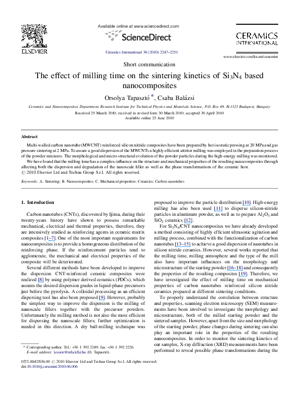 (PDF) The effect of milling time on the sintering kinetics of Si3N4 ...