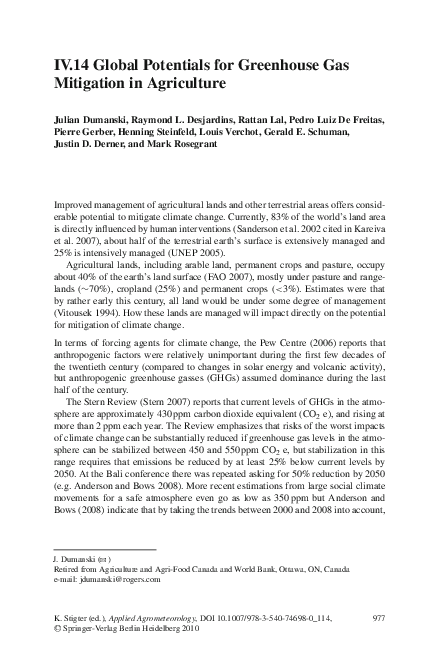 (PDF) Global Potentials for Greenhouse Gas Mitigation in Agriculture