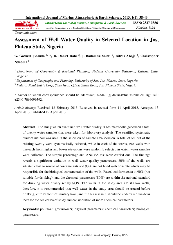 (PDF) Assessment of Well Water Quality in Selected Location in Jos