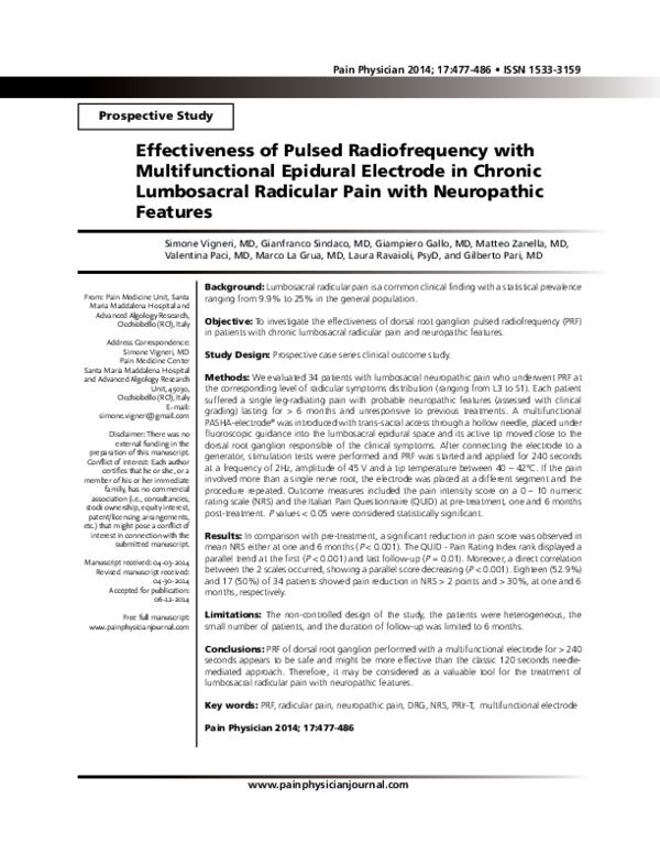 (PDF) Effectiveness of pulsed radiofrequency in chronic lumbosacral