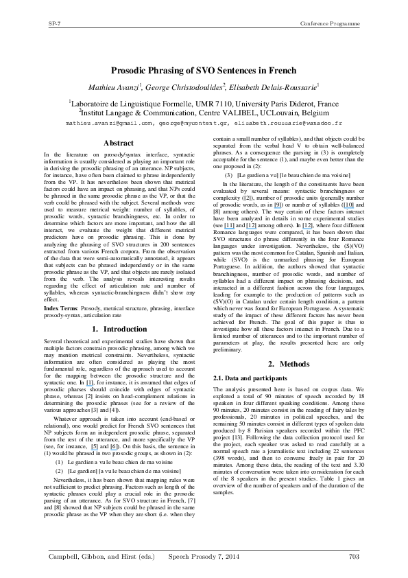 (PDF) Prosodic Phrasing of SVO Sentences in French