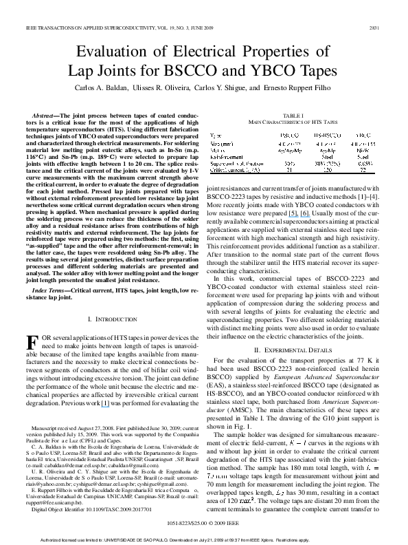 (PDF) Evaluation of Electrical Properties of Lap Joints for BSCCO and