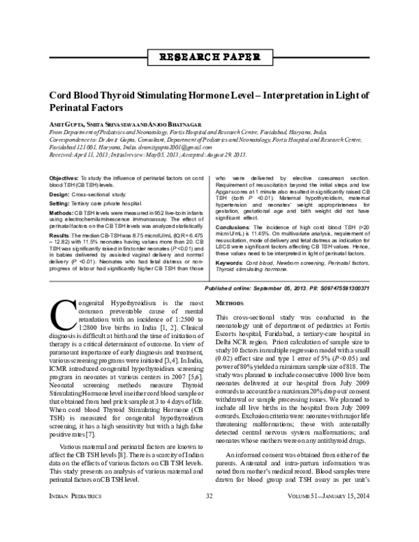 (PDF) Cord blood thyroid stimulating hormone level — interpretation in ...