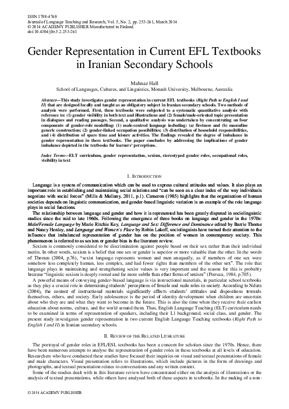 (PDF) Gender representation in current EFL textbooks in Iranian ...