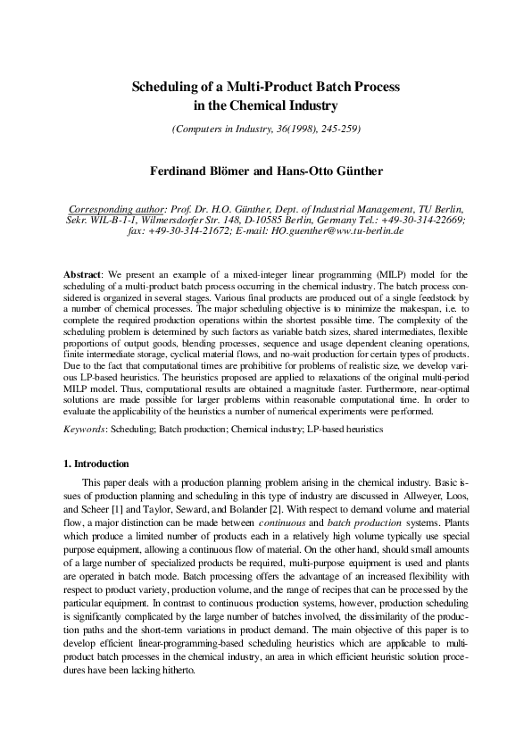 (PDF) Scheduling of a multi-product batch process in the chemical industry