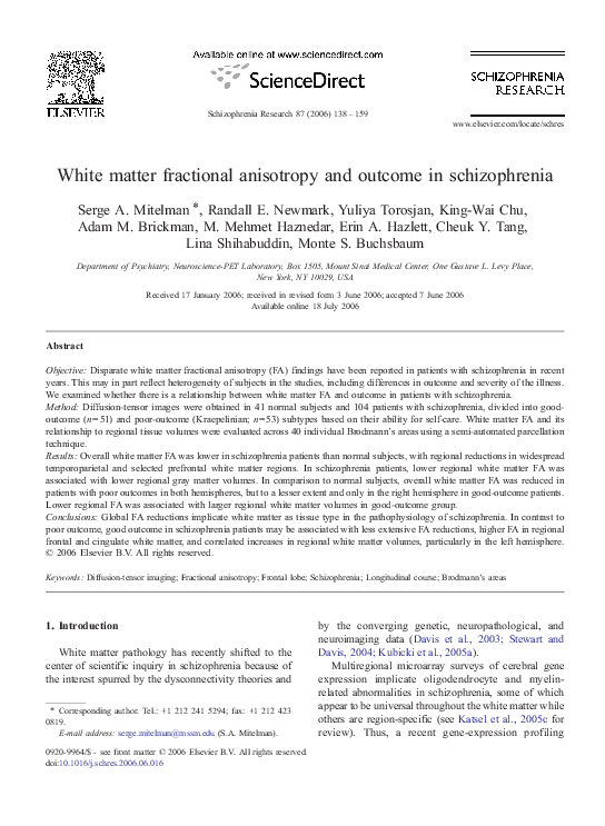 (PDF) White matter fractional anisotropy and outcome in schizophrenia