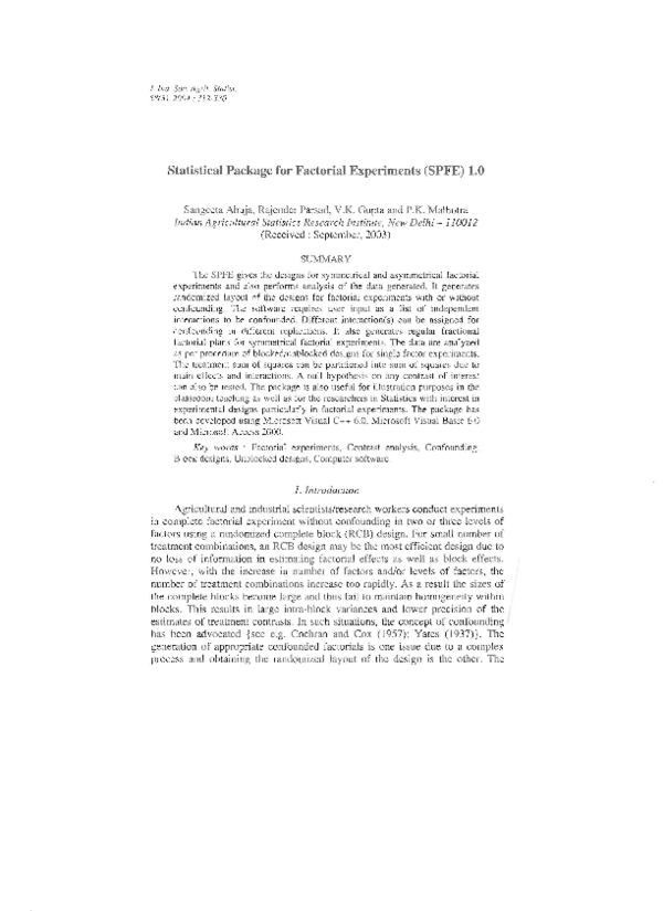 (PDF) Statistical package for factorial experiments (SPFE) 1.0