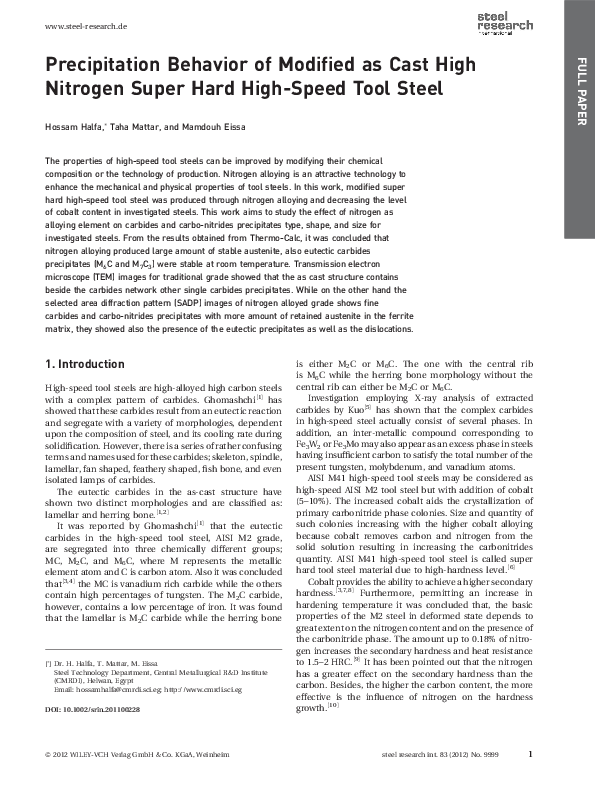 (PDF) Precipitation Behavior of Modified as Cast High Nitrogen Super ...
