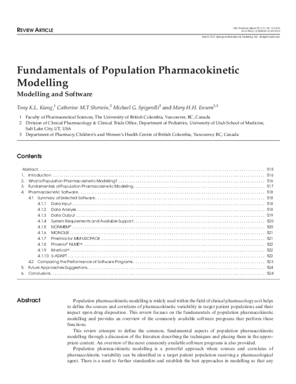 (PDF) Fundamentals of Population Pharmacokinetic Modelling