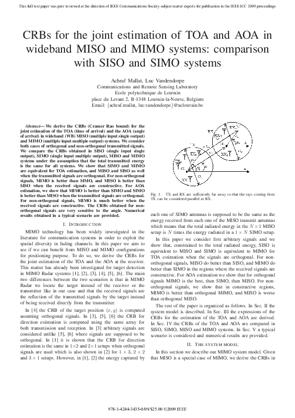 (PDF) CRBS for the Joint Estimation of TOA and AOA in Wideband MISO and ...