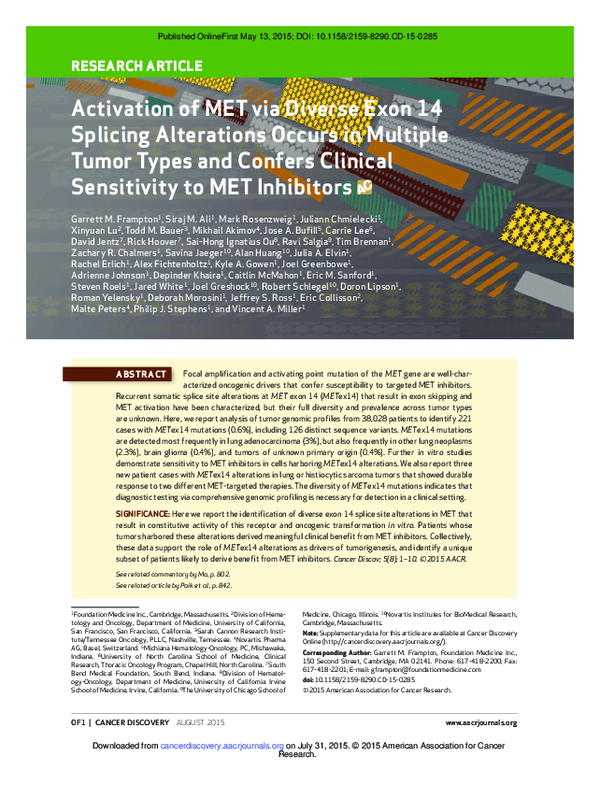 (PDF) Activation of MET via diverse exon 14 splicing alterations occurs ...
