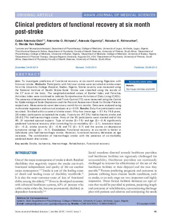 (PDF) Clinical predictors of functional recovery at six month post ...