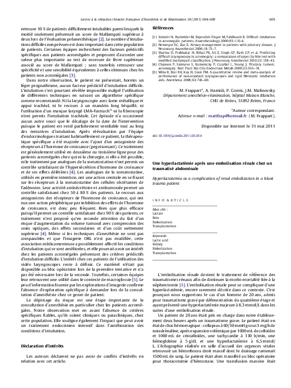 (PDF) Une hyperlactatémie après une embolisation rénale chez un ...