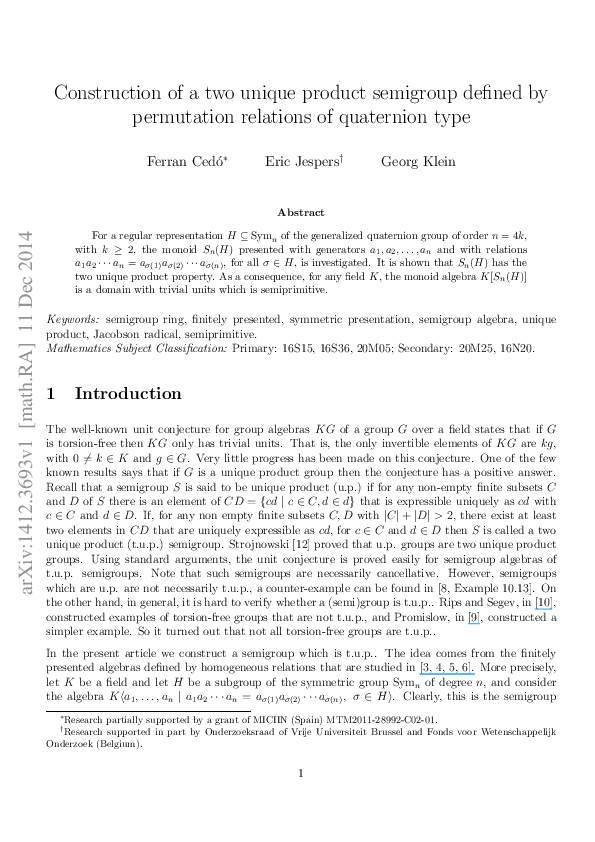 (PDF) Construction of a two unique product semigroup defined by ...