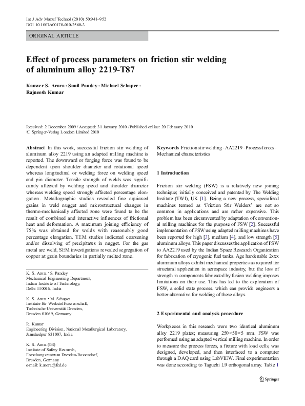 (PDF) Effect of process parameters on friction stir welding of aluminum ...