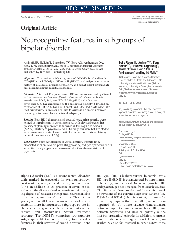 (PDF) Neurocognitive features in subgroups of bipolar disorder