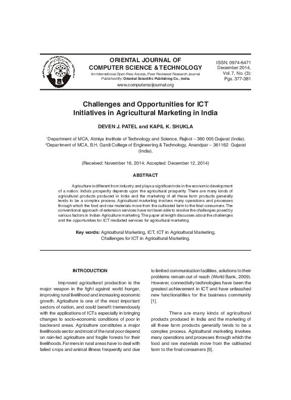 (PDF) Challenges and Opportunities for ICT Initiatives in Agricultural ...