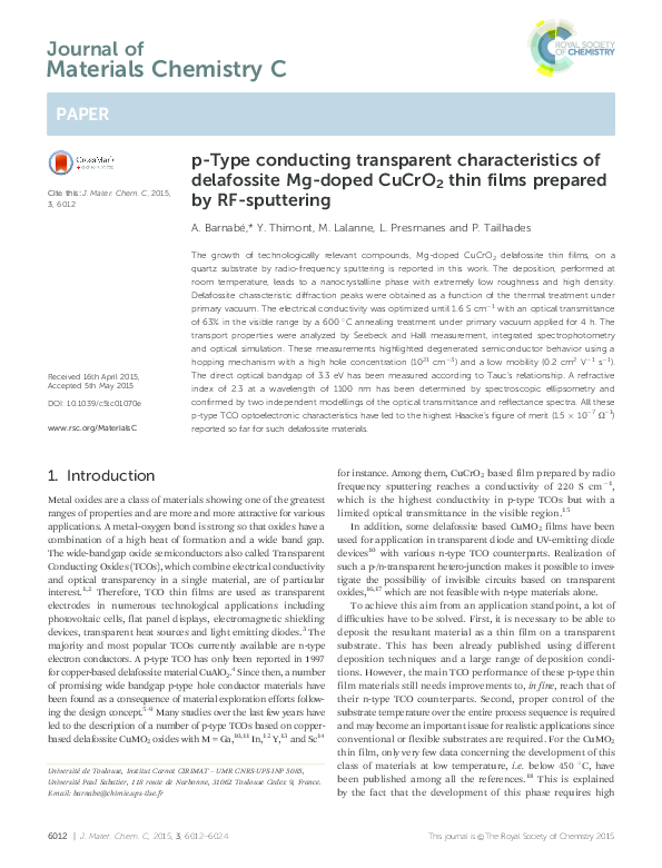 Pdf Preparation By Rf Sputtering And P Type Conducting Transparent Characteristics Of Delafossite Mg Doped Cucro2 Thin Films Philippe Tailhades Academia Edu