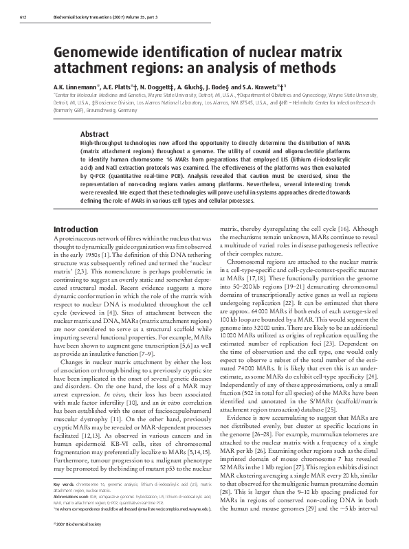 (PDF) Genomewide identification of nuclear matrix attachment regions ...