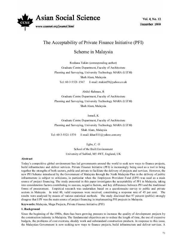 (PDF) The Acceptability of Private Finance Initiative (PFI) Scheme in ...