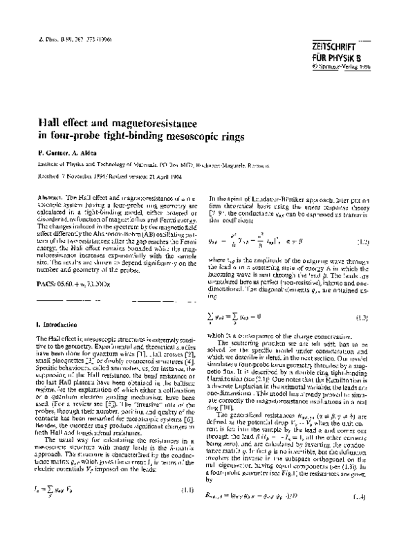 (PDF) Hall effect and magnetoresistance in four-probe tight-binding ...