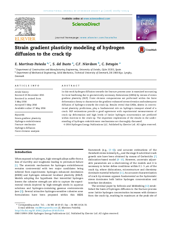(PDF) Strain gradient plasticity modeling of hydrogen diffusion to the ...