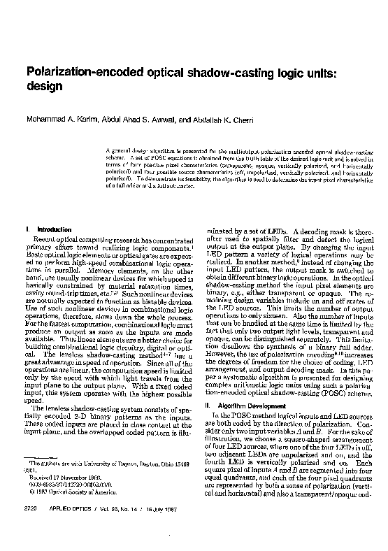 (PDF) Polarization-Encoded Optical Shadow-Casting Logic Units: Design