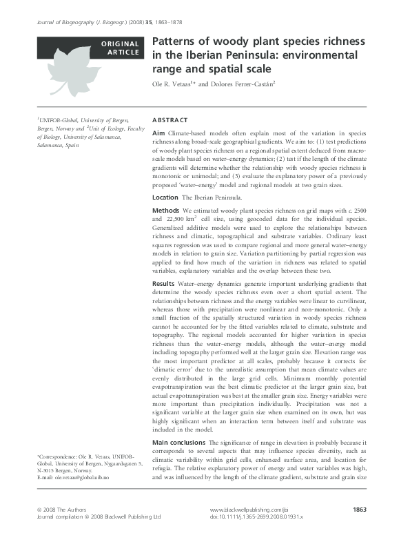 (PDF) Patterns of woody plant species richness in the Iberian Peninsula ...