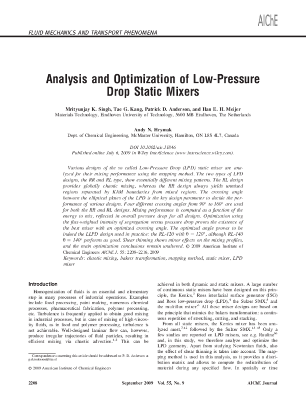 (PDF) Analysis and optimization of lowpressure drop static mixers