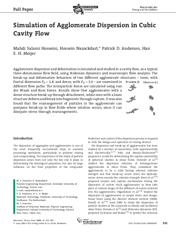 Simulation of Agglomerate Dispersion in Cubic Cavity Flow